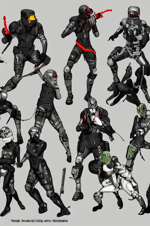 Image similar to robot ninja mask helmet metalgear solidsnake pose training suit swat heros chaykin howard and campion pascale and cooke darwyn and davis jack illustration character design concept the phantom pain cosplay sniper wolf