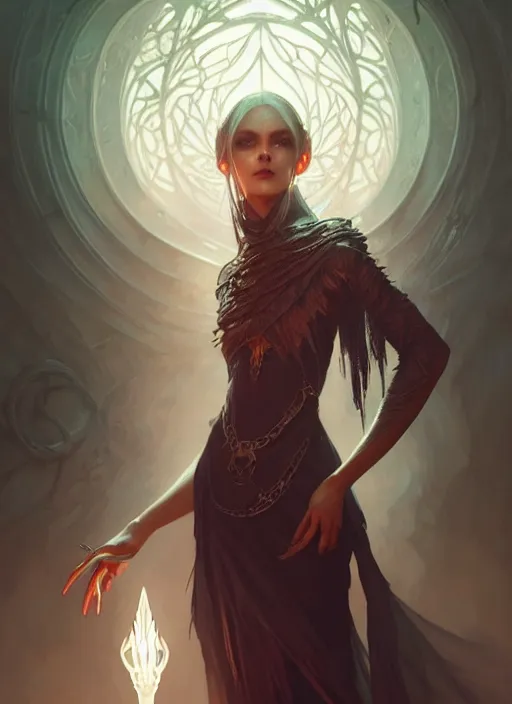 Image similar to Necromancer Sorceress, fantasy magic, undercut hairstyle, dark light night, intricate, elegant, sharp focus, illustration, highly detailed, digital painting, concept art, matte, art by WLOP and Artgerm and Greg Rutkowski and Alphonse Mucha, masterpiece