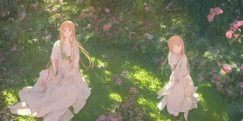 Image similar to a digital art of a loli with long hair in a dress in the privet garden at after noon, green and warm theme, back lighting, by krenz cushart and mucha and akihito yoshida and greg rutkowski and makoto shinkai, extremely long shot, detailed eyes, 4 k resolution, trending on art station