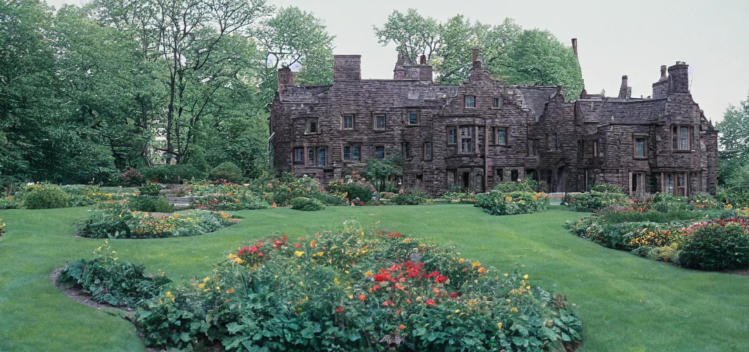 Image similar to scottish blackhouse mansion designed by daniel burnham. outdoor landscaping designed by fredrick law olmsted. fujinon premista 1 9 - 4 5 mm t 2. 9. portra 8 0 0.