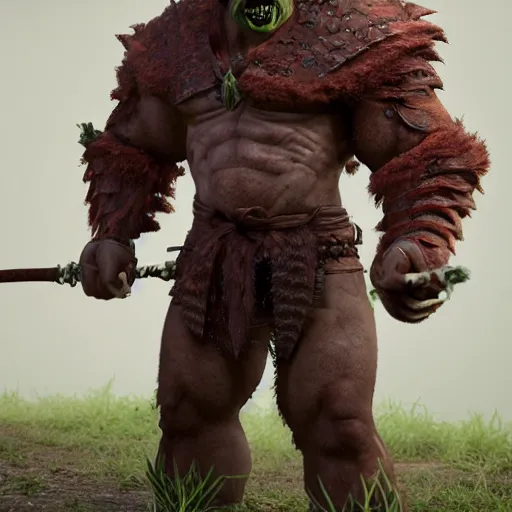 Image similar to beautiful redhead orc with warrior outfit, clash royal style characters, unreal engine 5, octane render, detailed, cinematografic, cinema 4 d