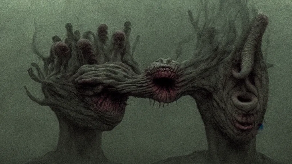 Image similar to the insane creature with one eye, film still from the movie directed by denis villeneuve and david cronenberg with art direction by zdzisław beksinski and dr. seuss