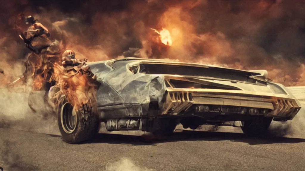 Image similar to film still from the movie death race three thousand, cult cinema, pulp cinema, vintage, nineteen seventies, saturated color, cinematic lighting, cinematic composition, ultra realistic, highly detailed, wide screen, panavision