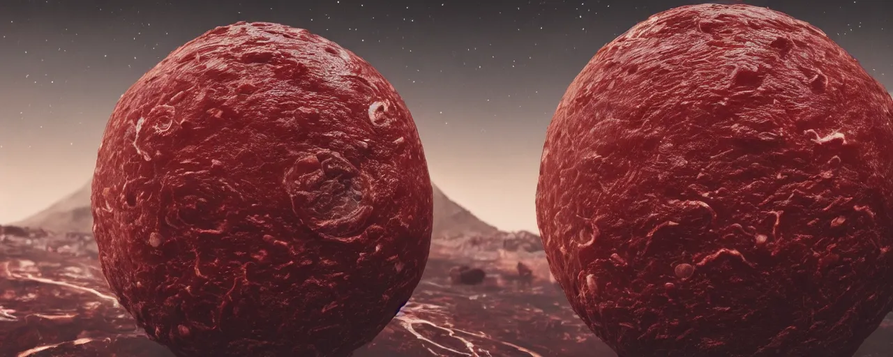 Prompt: ” outer planet made of meat and saliva, [ moist, wet, cinematic, detailed, epic, widescreen, opening, establishing, mattepainting, photorealistic, realistic textures, octane render ] ”