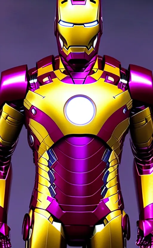 Image similar to iron man's suit but the colour scheme is purple and gold, octane render, photorealistic, realistic shading, cinematic, detailed textures