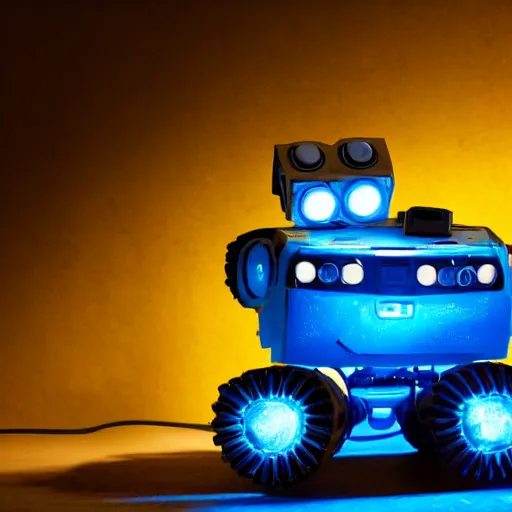 Image similar to wall - e, blue and yellow glowing lights, dark, highly detailed, close up