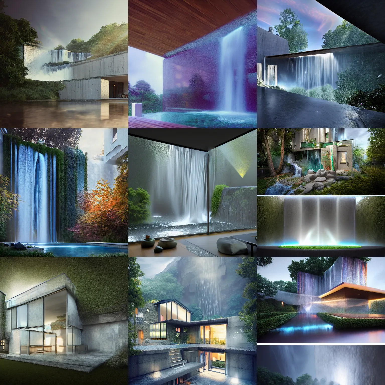 Prompt: beautiful designer house made of shattered glass and concrete overhanging a waterfall, architectural render, high quality, chillwave, by Gabriel Dawe, by Skottie Young, by Jessica Rossier, metallic architecture, blender 3D, by moebius, night, (mist), lights, mackintosh, trending on artstation