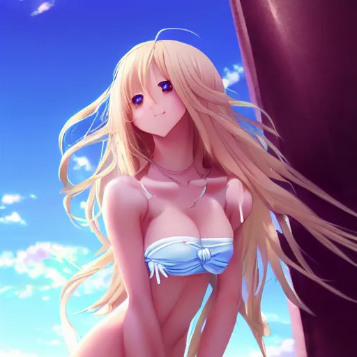 Image similar to a very beautiful young anime giantess, from below perspective,, full body, long wavy blond hair, sky blue eyes, full round face, evil grin, bikini, miniskirt, front view, mid - shot, highly detailed, cinematic wallpaper by stanley artgerm lau