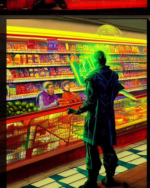 Image similar to cyberpunk man shopping at a neon soaked grocery store, science fiction painting, elegant intricate digital painting artstation, art by norman rockwell, detailed