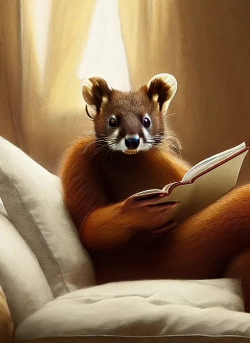 Prompt: A beautiful scene featuring a humanoid pine marten in loose white clothing reading on a couch. Golden hour. Hyperrealistic. Trending on CGSociety.