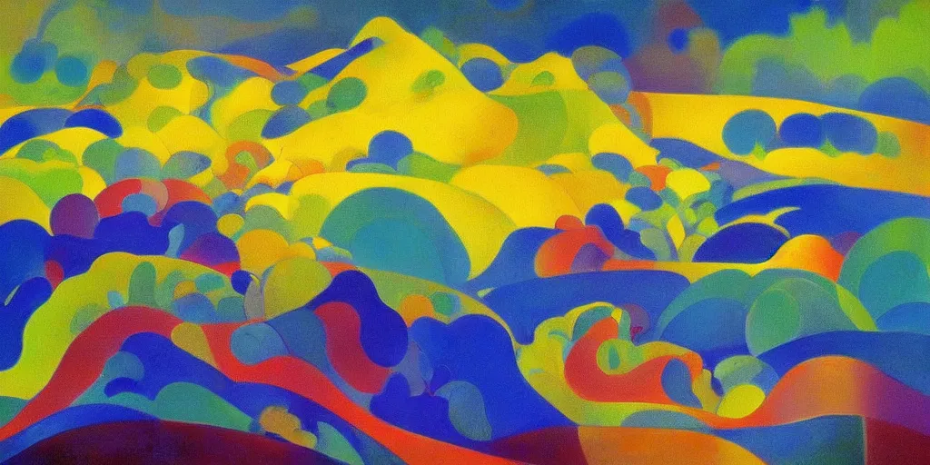 Image similar to A modernist landscape painting. Wild energy patterns rippling in all directions. Curves, zig-zags. Organic. Mountains. Clouds. Vegetation. Rushing water. Waves. LSD. Fauvism. Odilon Redon. Agnes Pelton. Peter Max.