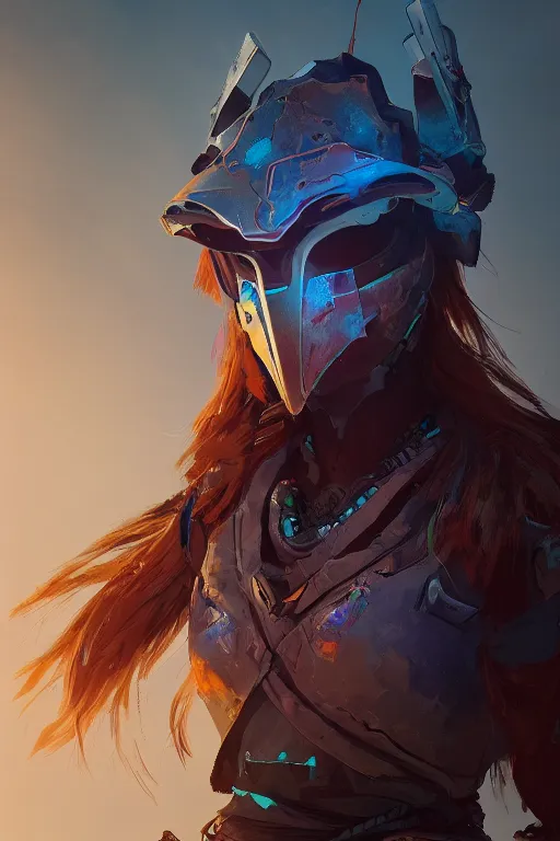 Image similar to combination suit armor aloy horizon forbidden west horizon zero dawn radiating a glowing aura global illumination ray tracing hdr fanart arstation by ian pesty and alena aenami artworks in 4 k tribal robot ninja mask helmet backpack