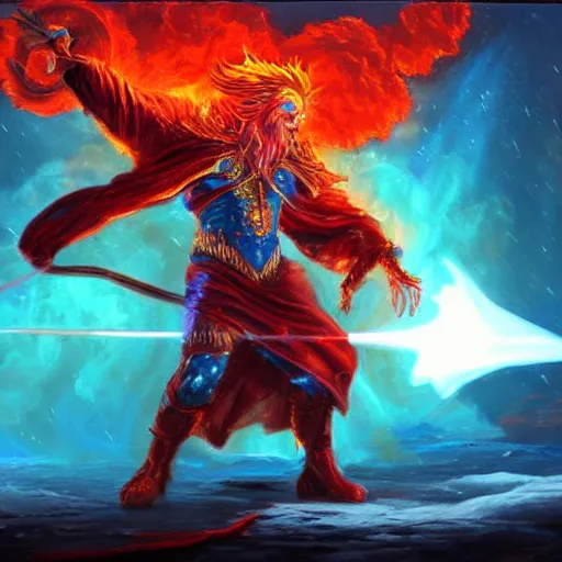 Image similar to Highly detailed oil painting, concept art, of a wizard casting a fireball spell, fighting against a huge ice giant, red and blue color scheme, concept art, highly detailed.