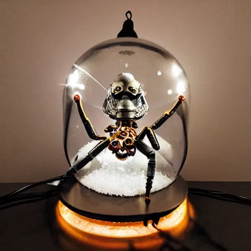 Image similar to a metal spider with a gnome snow globe head, professional lighting