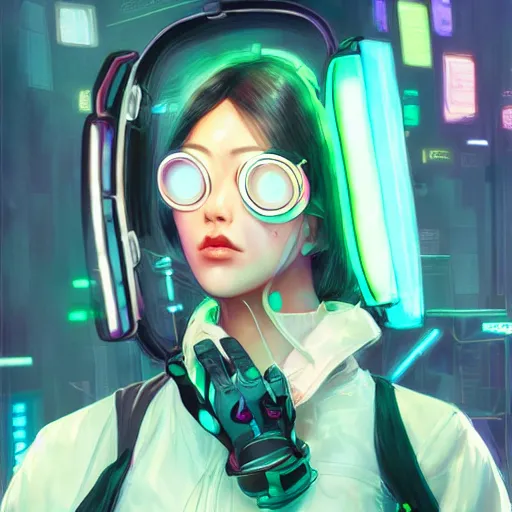 Image similar to a full body illustration of an asian female cyberpunk character wearing VR goggle implants, highly detailed, soft lighting, neon pastel colors, by WLOP, Guweiz, and Greg Staples, HD, 4K
