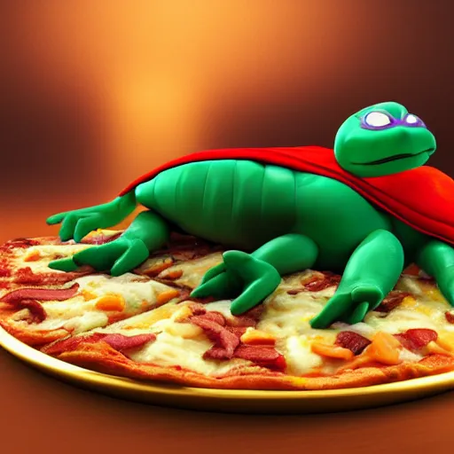 Image similar to a gigantic ninja turtle potato eating a pizza while sitting in a golden throne, 3D render 8K