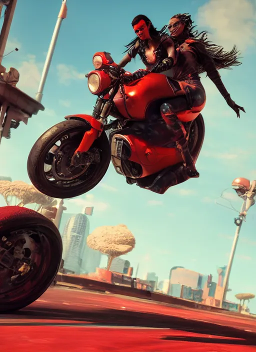 Image similar to a woman riding on the back of a red motorcycle, cyberpunk art by eddie mendoza, cgsociety contest winner, afrofuturism, rendered in unreal engine, unreal engine 5, unreal engine