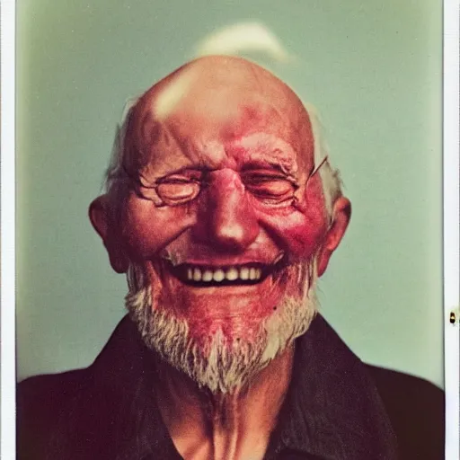 Image similar to a realistic polaroid photo of an old man after a failed experiment inside a laboratory, the head of the old man is dark, evil god, smoke, fire, demon, cursed, cosmic horror