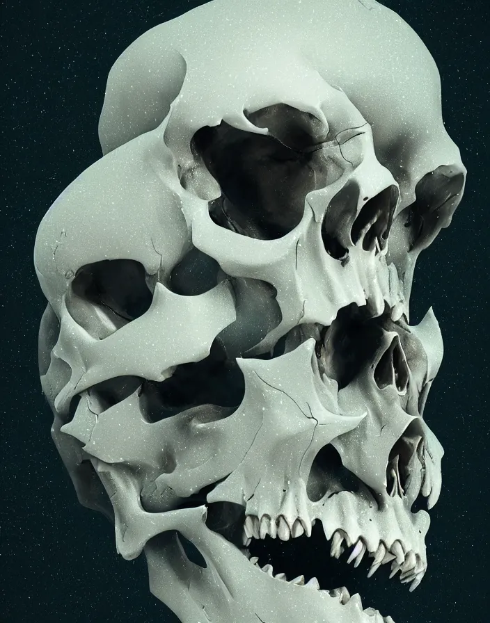 Image similar to portrait of a melting skull. intricate abstract. sharp teeth. delicate artwork. by Tooth Wu, wlop, beeple, dan mumford. octane render, trending on artstation, greg rutkowski very coherent symmetrical artwork. cinematic, hyper realism, high detail, octane render, 8k, depth of field, bokeh. iridescent accents. blade runner.