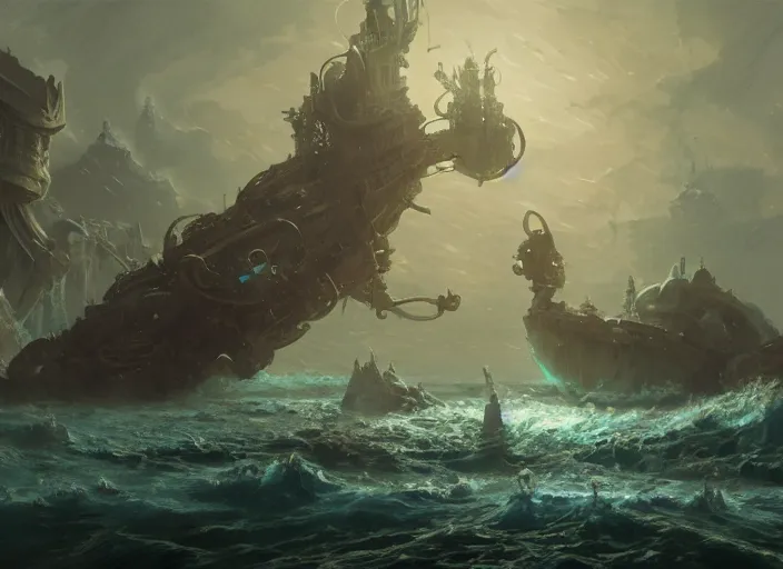 Image similar to twenty thousand leagues under the sea, fantasy art, in the style of greg rutkowski, illustration, epic, fantasy, intricate, hyper detailed, artstation, concept art, smooth, sharp focus, ray tracing