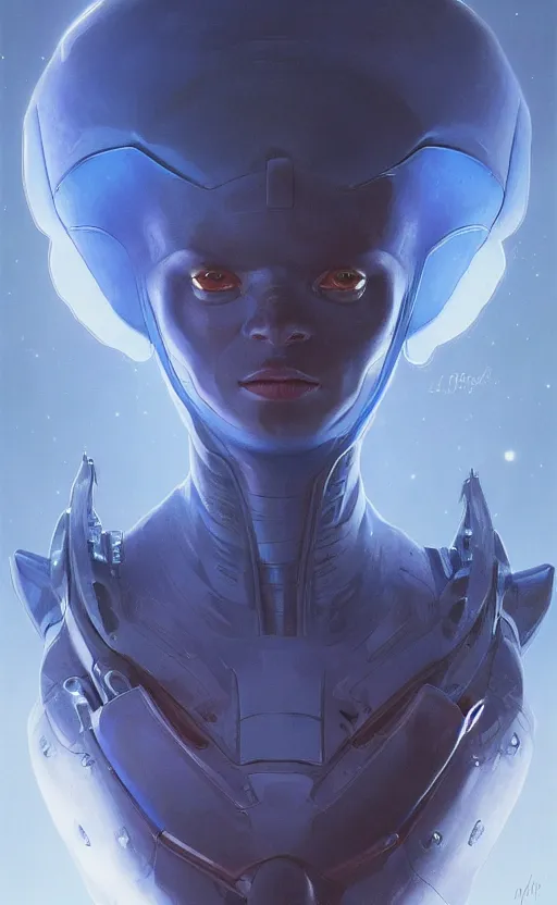 Prompt: portrait of a blue alien wearing a tight and smooth space suit, intimidating, intricate, headshot, highly detailed, digital painting, artstation, concept art, sharp focus, cinematic lighting, illustration, art by artgerm and greg rutkowski, alphonse mucha, Moebius, Jean Giraud, cgsociety