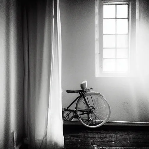 Prompt: “a sunbeam pierces the stale cold air in a dark dusty bedroom causing the dust to float. A broken tricycle sits in the corner of the room.”