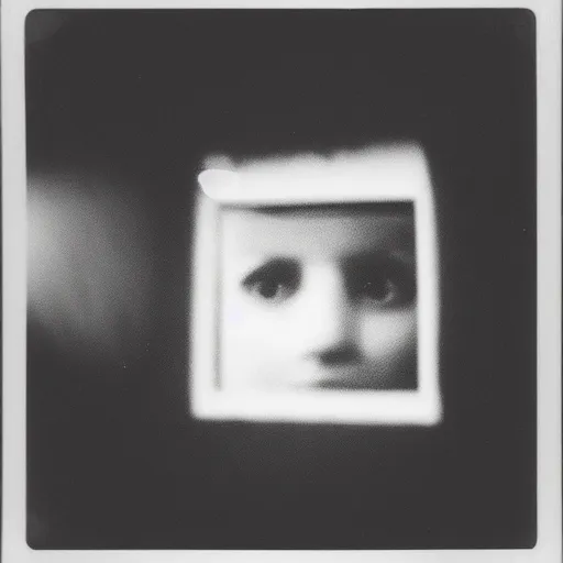 Image similar to dark room with a face peering through a window, distuburbing, horror, nightmare, terrifying, surreal, nightmare fuel, old polaroid, blurry, expired film, lost footage, found footage,