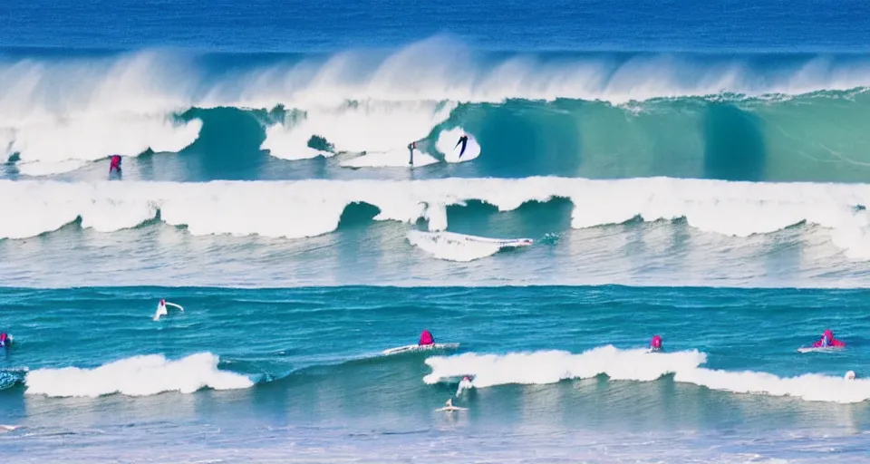 Image similar to worshippers in robes belonging to the cult of the surfers, surfing in waves, standing on surfboards, surfing inside one large barreled wave, high detailed colors, blue