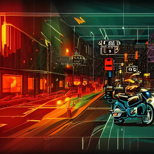 Image similar to extremely detailed and complex poster for playstation one pixelated polygon night time motorcycle video game, night time, motorcycle, fog, mist, buildings, city, traffic signs, barriers