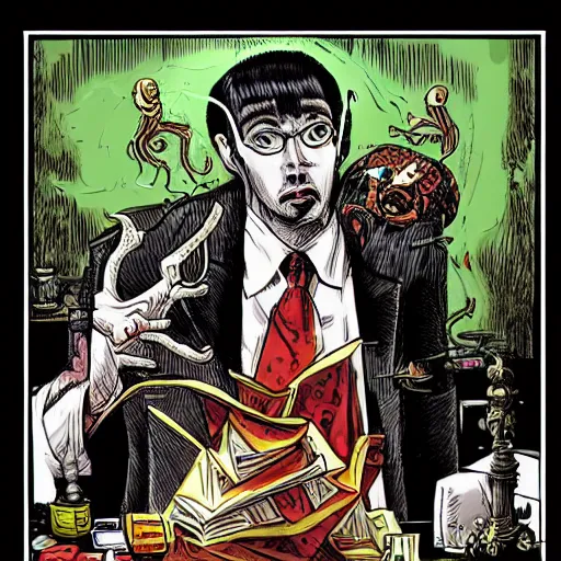 Image similar to Cthulhu as a modern day business man with a family and a drug and gambling addiction, necronomicon is the family Bible , Junji Ito and Greg rutkowski, psychedelic , 50s style infomercial , award winning , retro futuristic