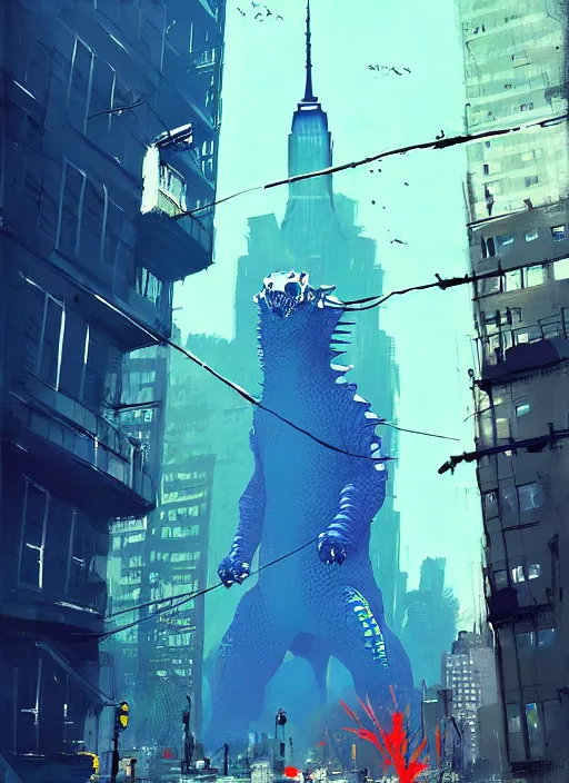 Image similar to kaiju in new york, blue building in the background, art by ismail inceoglu