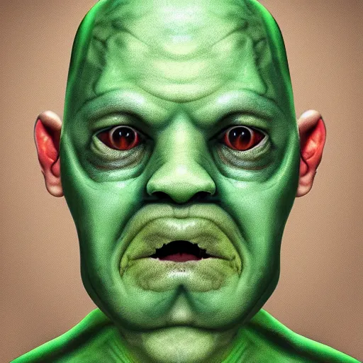 Prompt: A hyperrealistic digital painting of a bald man with creepy frog eyes, a frog tongue, and slimy green skin