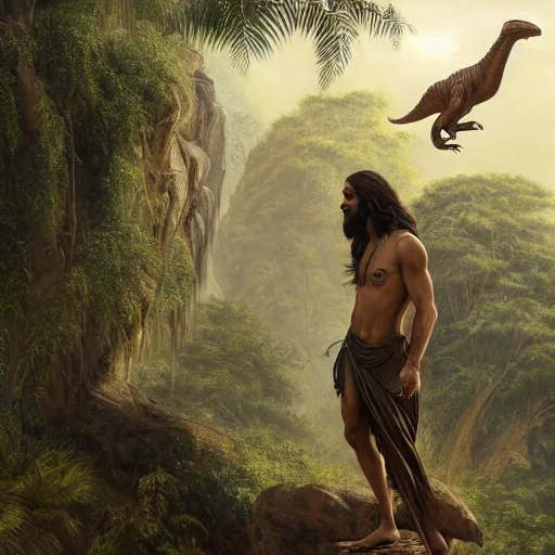 Image similar to a detailed matte painting of a ridiculously good looking jesus who is exploring the prehistoric jungle with his pet velociraptor, elegant ancient greek dress, jungle as the background, very detailed, beautiful, intricate, art by greg rutkowski and robert e howard, octane render