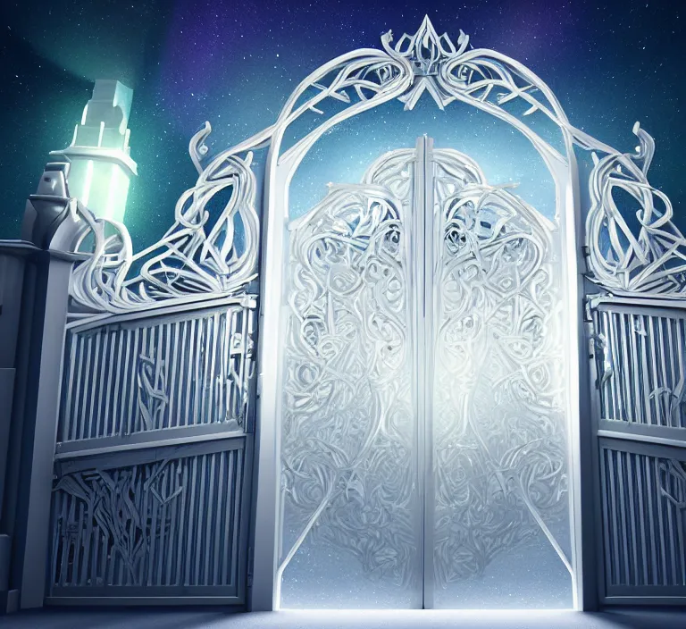 Prompt: a very detailed concept art of intricate and modern white gates to aurora borealis infused with magic, dynamic lighting trending on artstation, symmetry, digital art, 4 k, hyper realistic, octane render, sharp focus