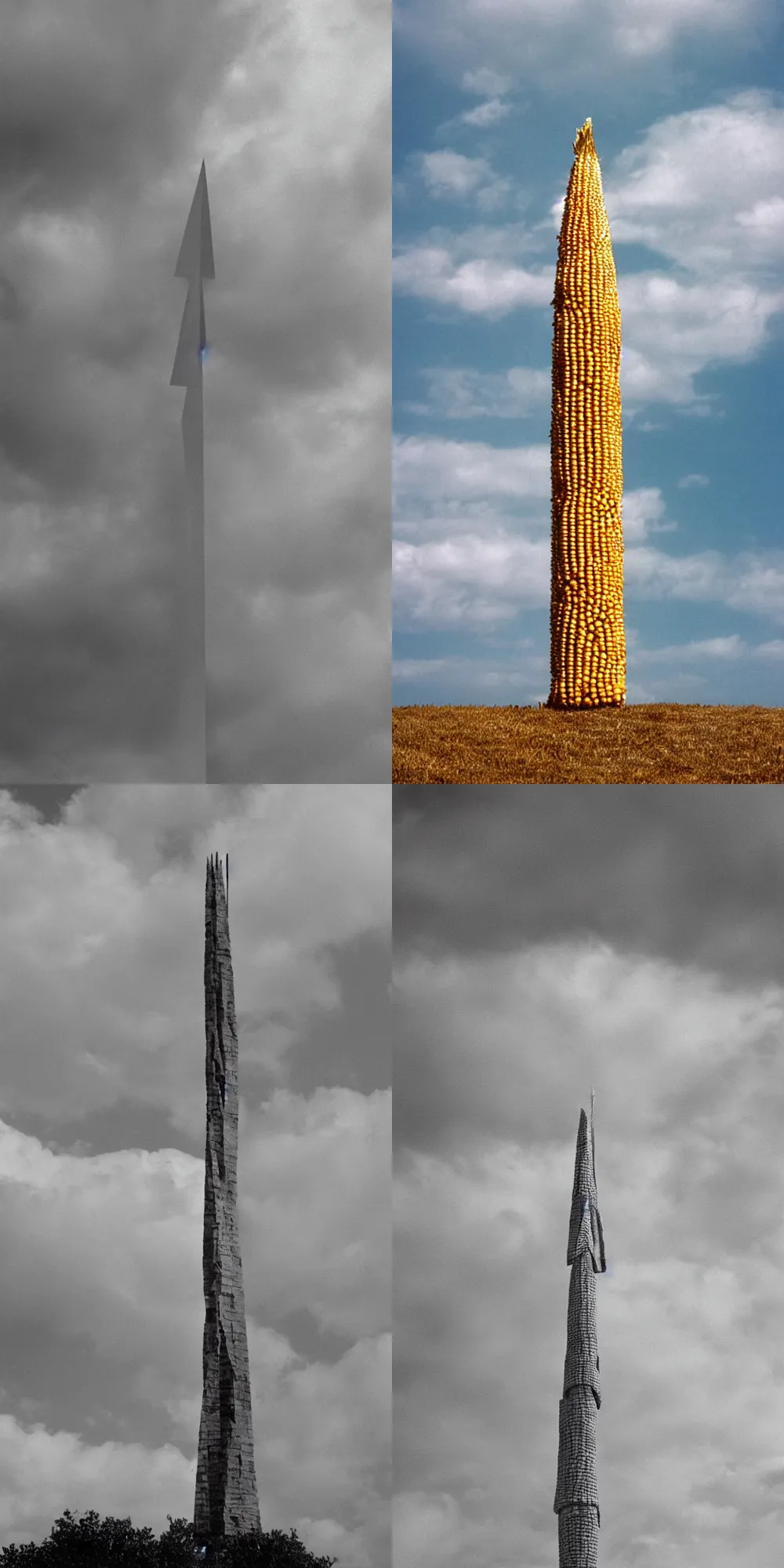 Prompt: spire of corn reaches the clouds, cinestill eastmancolor, liminal space