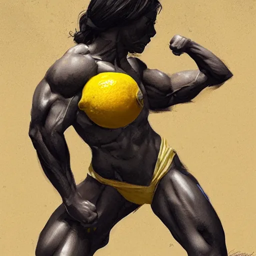 Prompt: lemon with muscular body working out by greg rutkowski