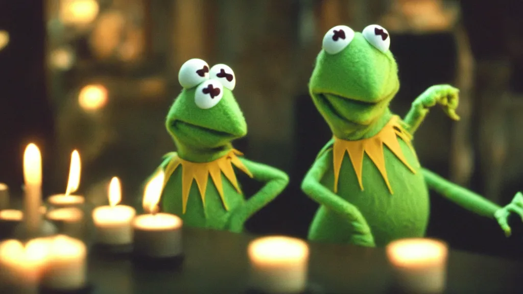 Prompt: Kermit the Frog grinning maniacally, a satanic ritual with candles and a pentagram, movie screenshot directed by David Fincher, and cinematography by Roger Deakins. Shot from a low angle. Cinematic. 24mm lens, 35mm film, Fujifilm Reala, f8