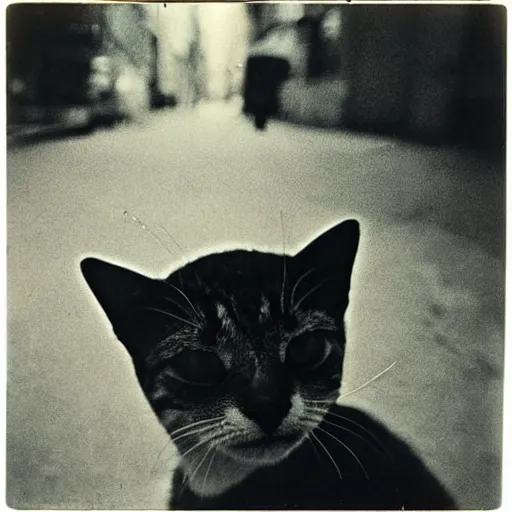 Image similar to wide-shot low-angle cat's eyesight photo of banana at the street in New York, polaroid photo, by Andy Warhol, signed