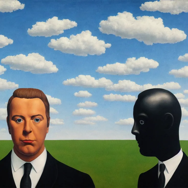 Prompt: portrait of a faceless detailed reflective chrome - head man in a suit and black gloves, clouds and nature landscape in the background, by rene magritte, very highly detailed painting, distance, centered, hd, hq, high resolution, high detail, beautiful, 4 k, 8 k