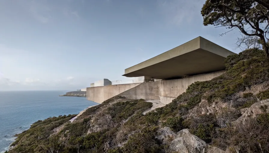 Image similar to big military base perched on a cliff overlooking a magnificient bay, drawing architecture, pritzker architecture prize, greig fraser