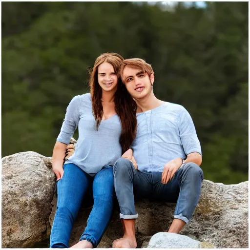 Prompt: boyfriend and girlfriend sitting together on a large square rock,