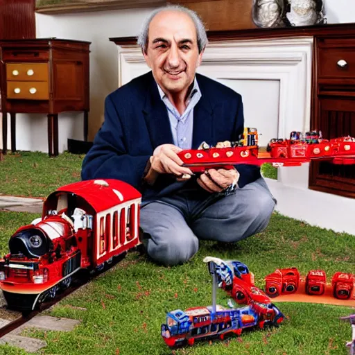 Image similar to alfredo perez rubalcaba playing with train toys