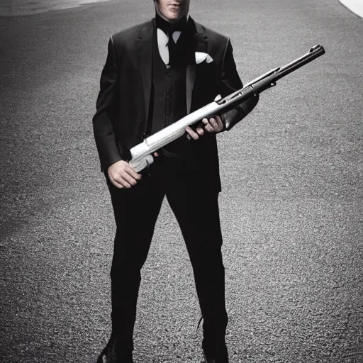 Image similar to serious looking man in a black suit and black fedora hat. he has a big silver gun, 4 k, atmospheric, epic scene, strong shadows, high contrast