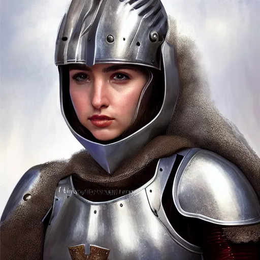 Prompt: head and shoulders portrait of a female knight, ana de armas as joan of arc, helmet, breastplate, by artgerm, face detail, extremely detailed, digital illustration
