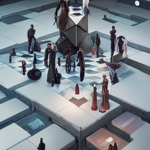 Image similar to a chess match between a beautiful cyborg from ex machina and a human chess player, highly detailed, intricate, sharp, futuristic, rendering by wlop, beeple, greg rutkowski