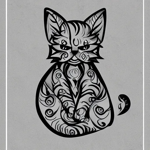 Prompt: cartoon tattoo of a cute kitten with a white border on a light gray background