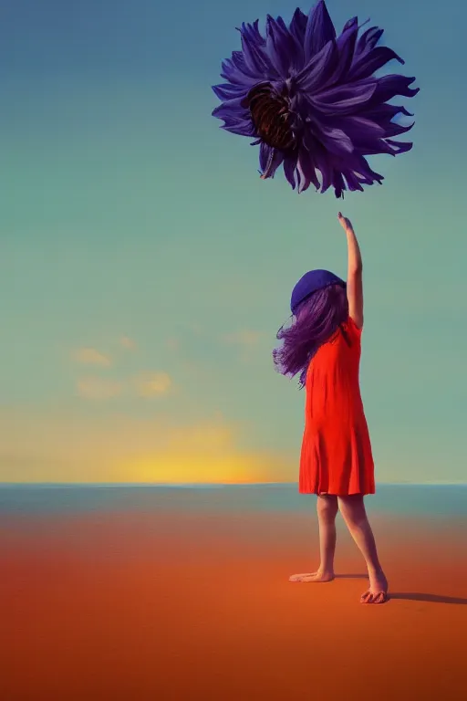 Image similar to closeup giant dahlia flower head, girl standing on beach, surreal photography, blue sky, sunrise, dramatic light, impressionist painting, digital painting, artstation, simon stalenhag