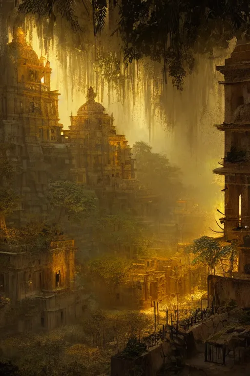 Image similar to old aztec city of gold in the middle of the forest, intricate, elegant, volumetric lighting, digital painting, highly detailed, artstation, sharp focus, illustration, concept art, ruan jia, steve mccurry