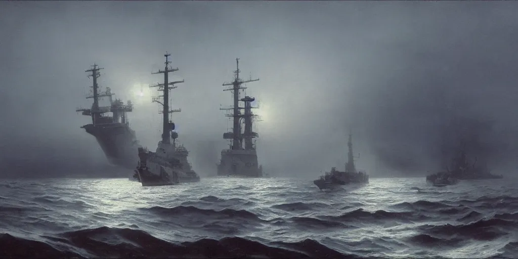 Image similar to epic huge soviet warship in arctic, no frame, foggy, volumetric lighting, epic blue glow, by greg rutkowsky, shishkin and aivazovsky