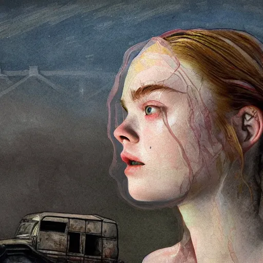 Image similar to Elle Fanning in the painted world of Metro 2033, head and shoulders masterpiece, apocalypse, golden hour, cosmic horror, artstation, in the style of Andrew Wyeth and Edward Hopper and Bosch, extremely detailed